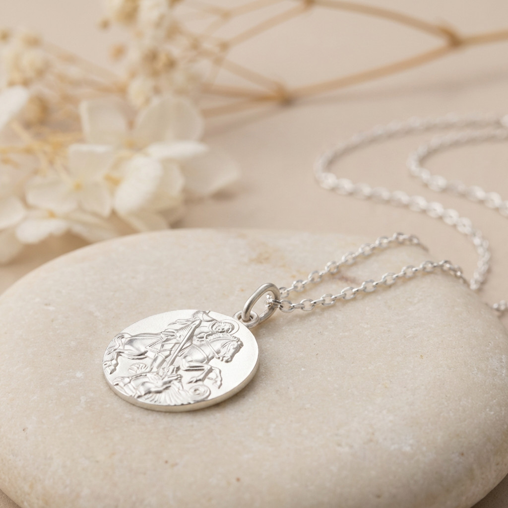 Sterling silver Saint St George pendant necklace with 18 inch chain and gift box
