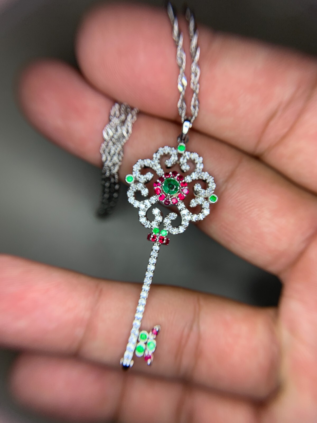 Natural Emerald From Punjshir Aghanistan In Key Necklace In 925 Sterling SIlver