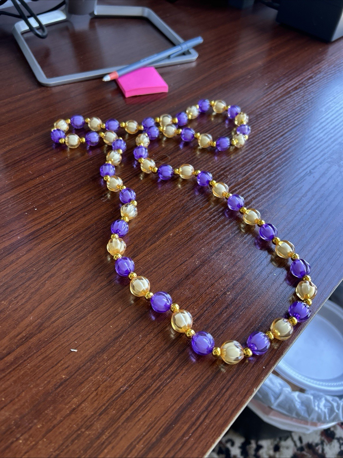 Golden and Purple plastic Bead Necklace Beaded 18″