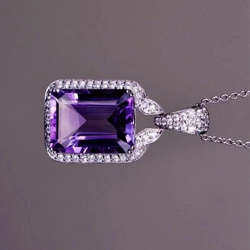 Lab-Created Amethyst 2.10Ct Emerald Cut Halo Pendant 14K White Gold Plated Chain