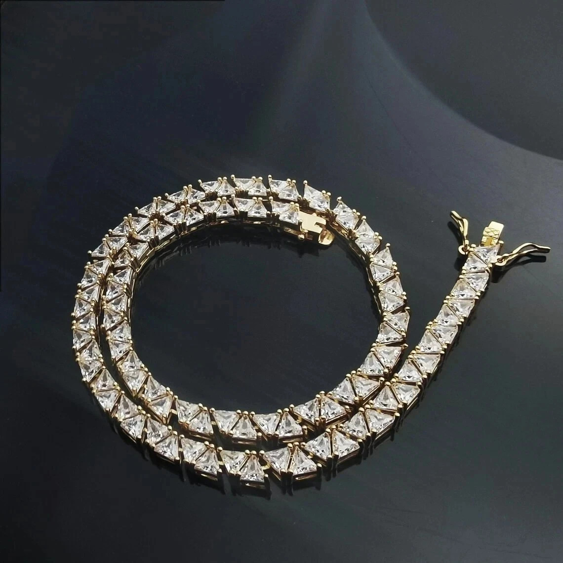 20T CW Trillion Cut Lab Created Diamond Tennis Necklace 14k Yellow Gold Plated