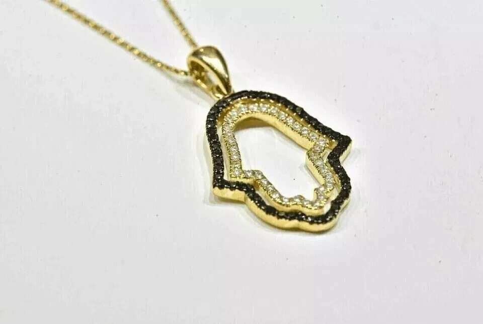 Hamsa Hand Pendant 2Ct Round Lab-Created Black Diamond 14K Two-Tone Gold Plated