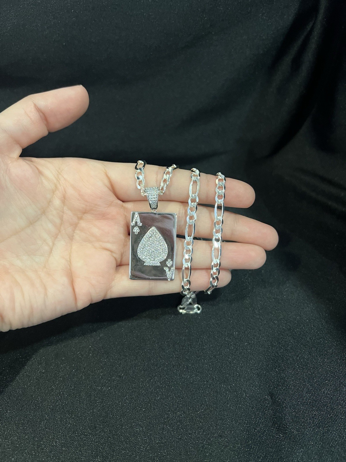 925 Sterling Silver CZ Ace of Spades Poker Card Pendant & Figaro Chain 20 26 30