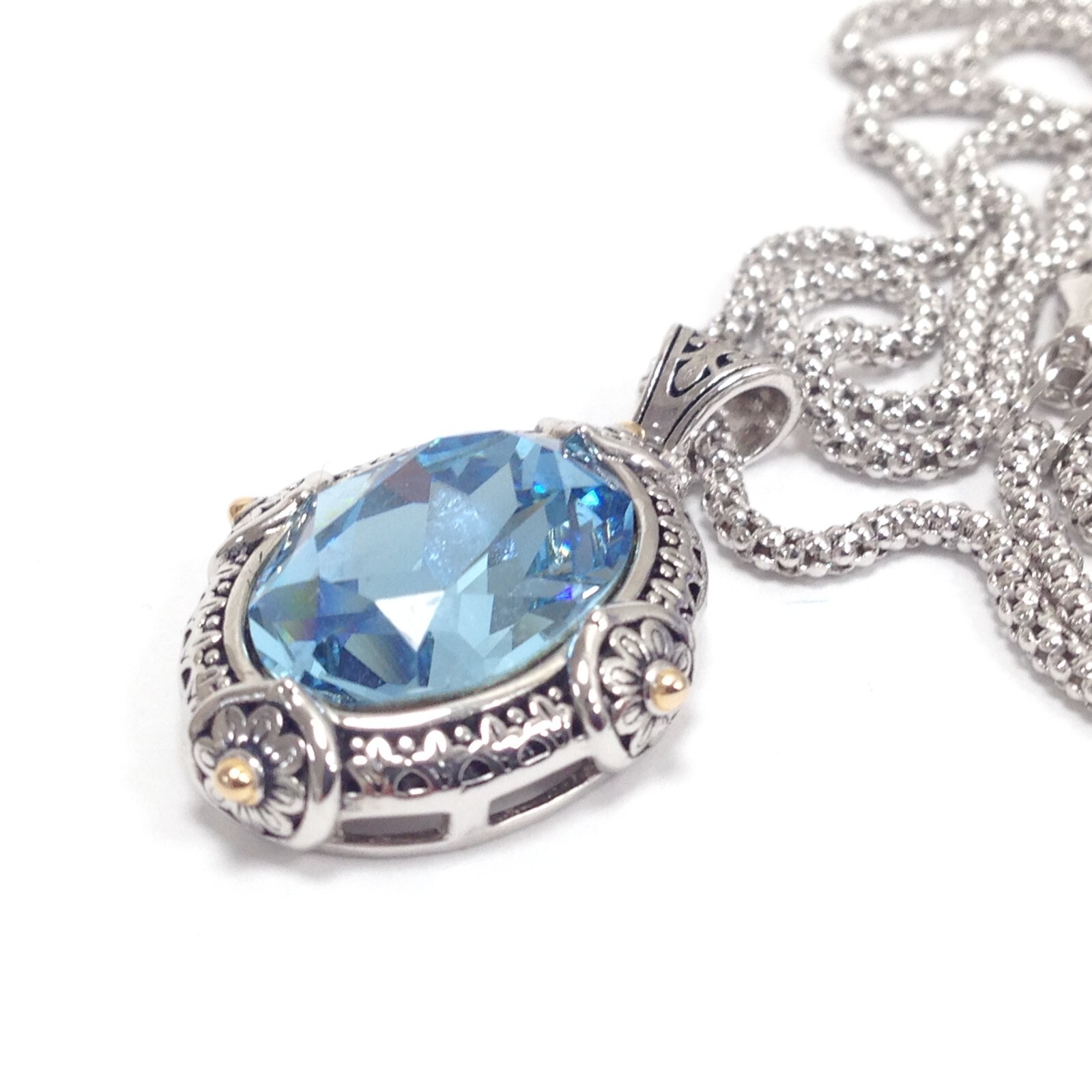 FD 925 Sterling Silver Blue Crystal Pendant Popcorn Chain Necklace 17.5″ Jewelry