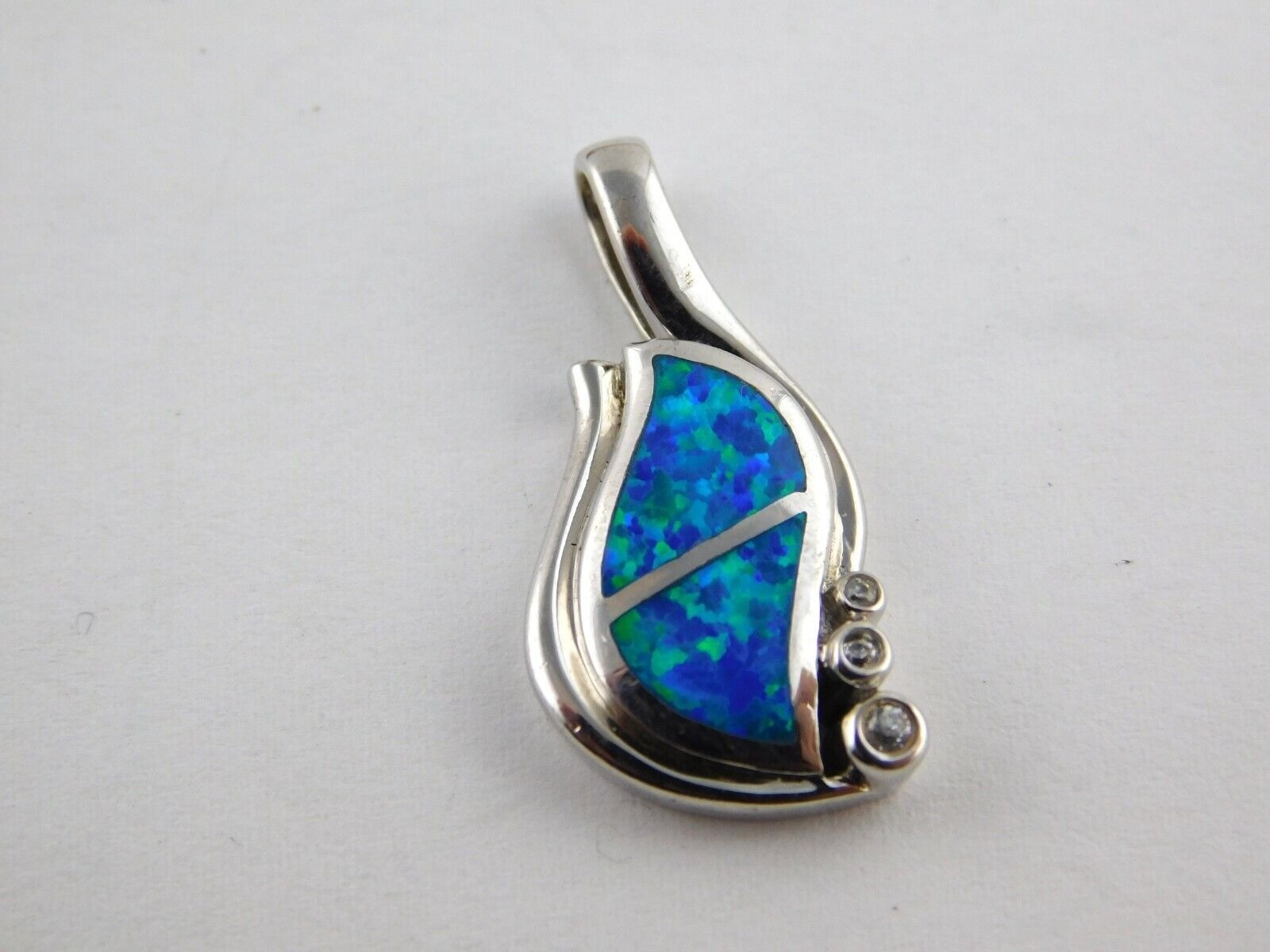 Sterling Silver Lab Created Blue Opal Inlay White CZ Accents Pendant 5g 1 1/8 In
