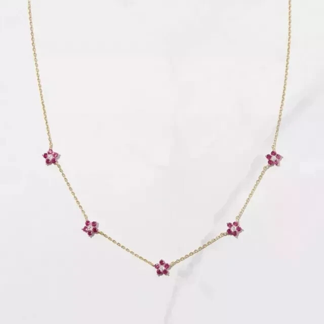 2Ct Round Lab Created Sapphire Diamond Flowers Necklace 14K Yellow Gold Plated