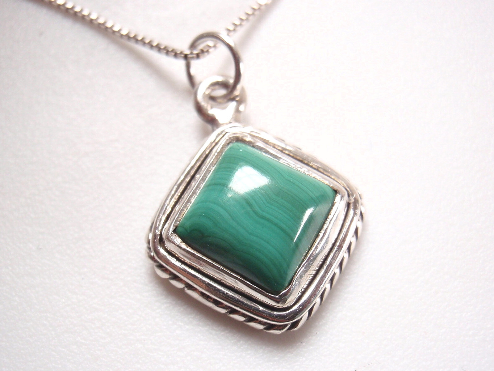 Malachite Square 925 Sterling Silver Pendant Embellished w/ Rope Style Accents