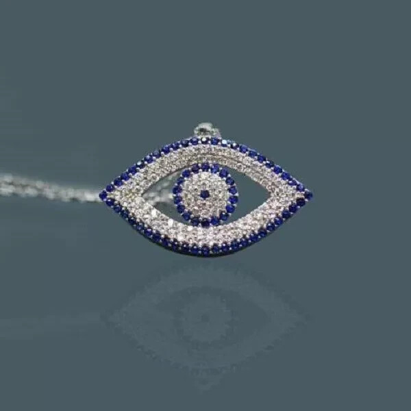 1.00Ct Round Cut Blue Sapphire & Diamond 14K White Gold Finish Evil Eye Pendant