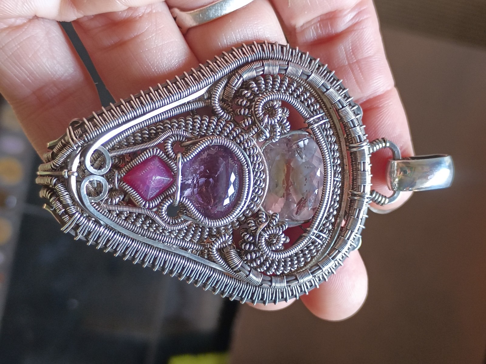 Amethyst Spinel Rose De France “Light Shield” Pendant Statement Wirewrap Art 925