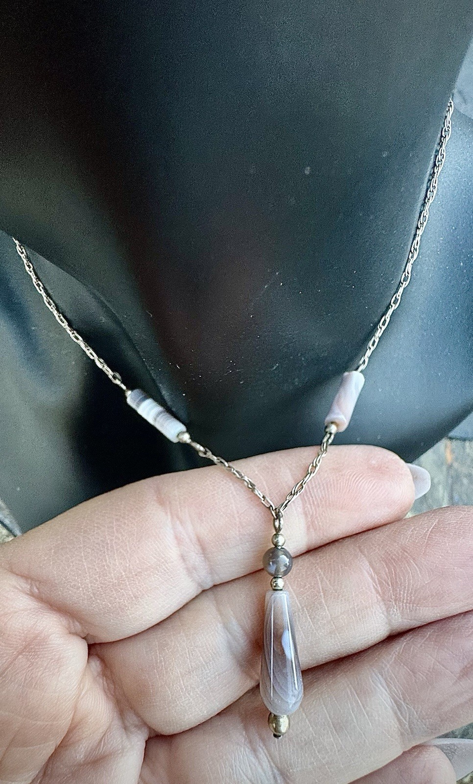 Sterling Silver 925 Muted Earth-tone Y Drop Agate Layered Stones / 18” Necklace
