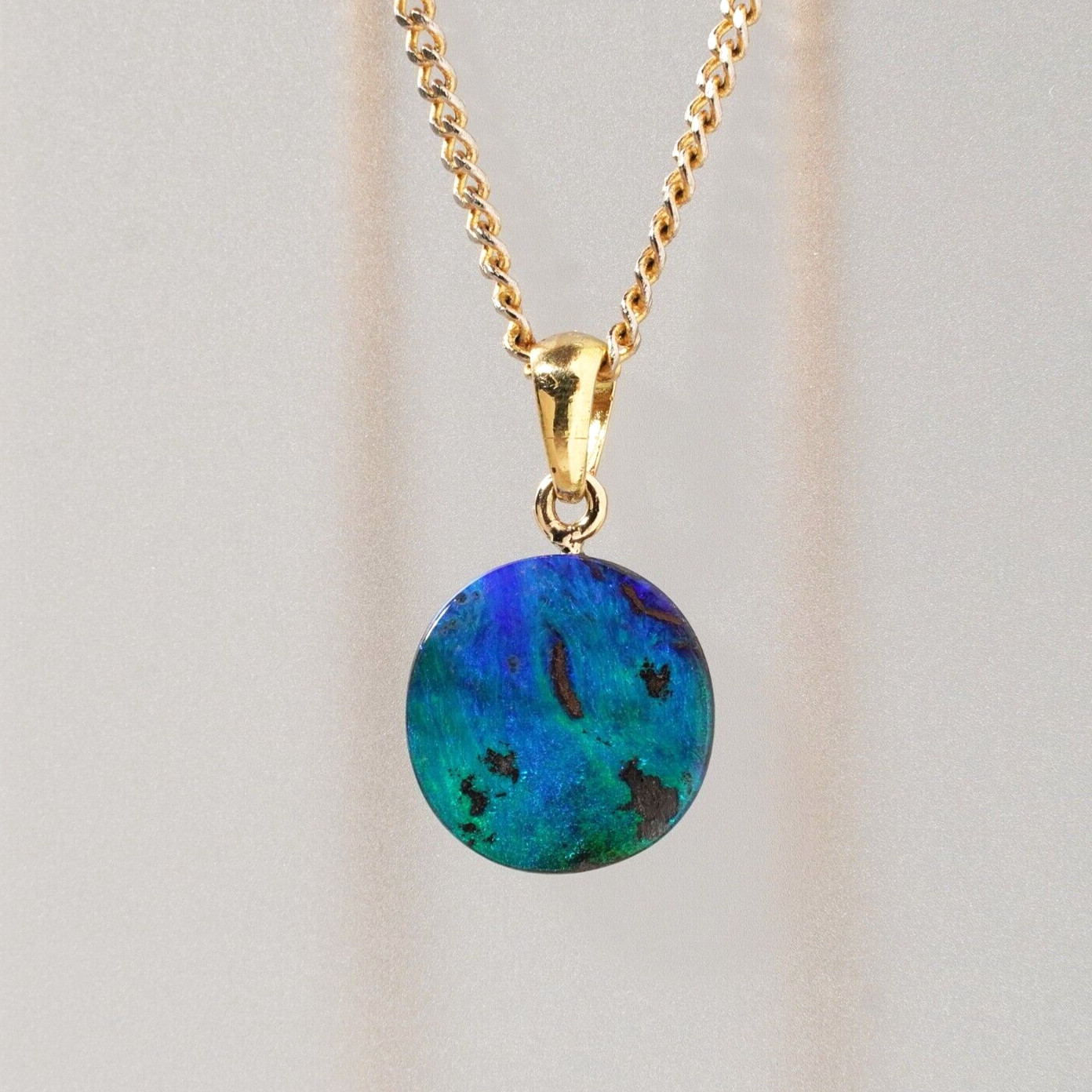 18ct Gold Natural Australian Boulder Opal Button Pendant Porthole Blue Green