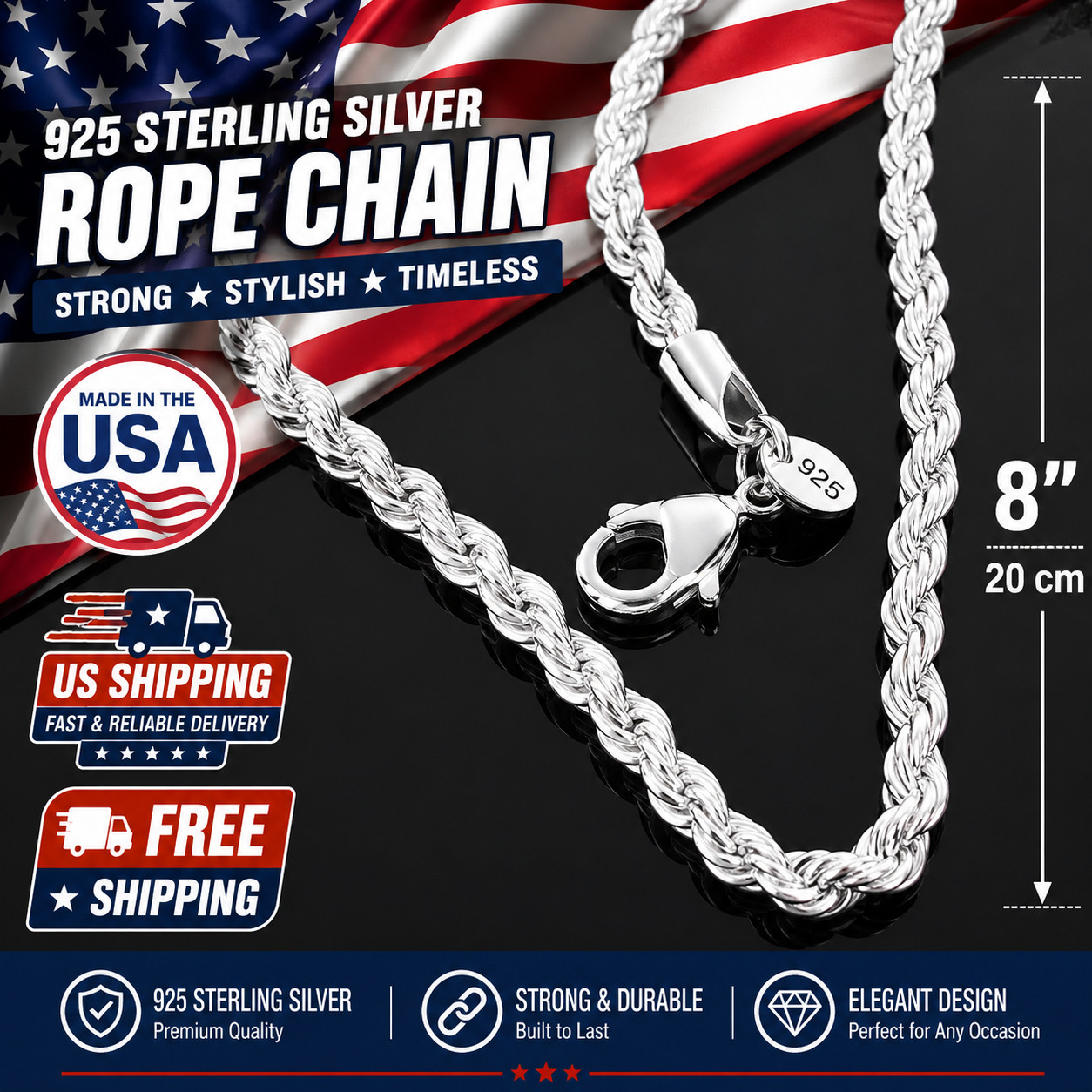 925 Sterling Silver Italian Rope Chain Necklace 4mm Men’s Cuban Link Jewelry