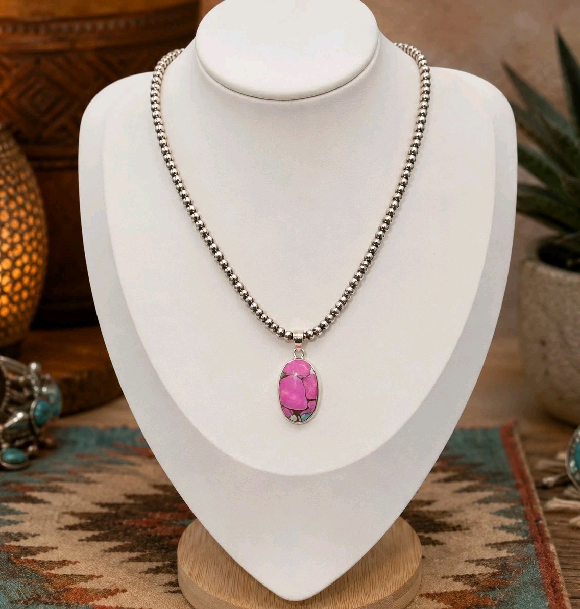Silpada Sterling Silver Pink Turquoise Pendant Necklace 18″ Popcorn Chain Boho