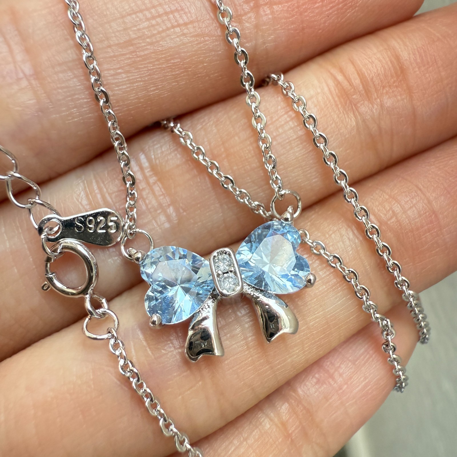 925 Sterling Silver Necklace 6mm Heart Natural Topaz Gemstone Zircon Chain Bow