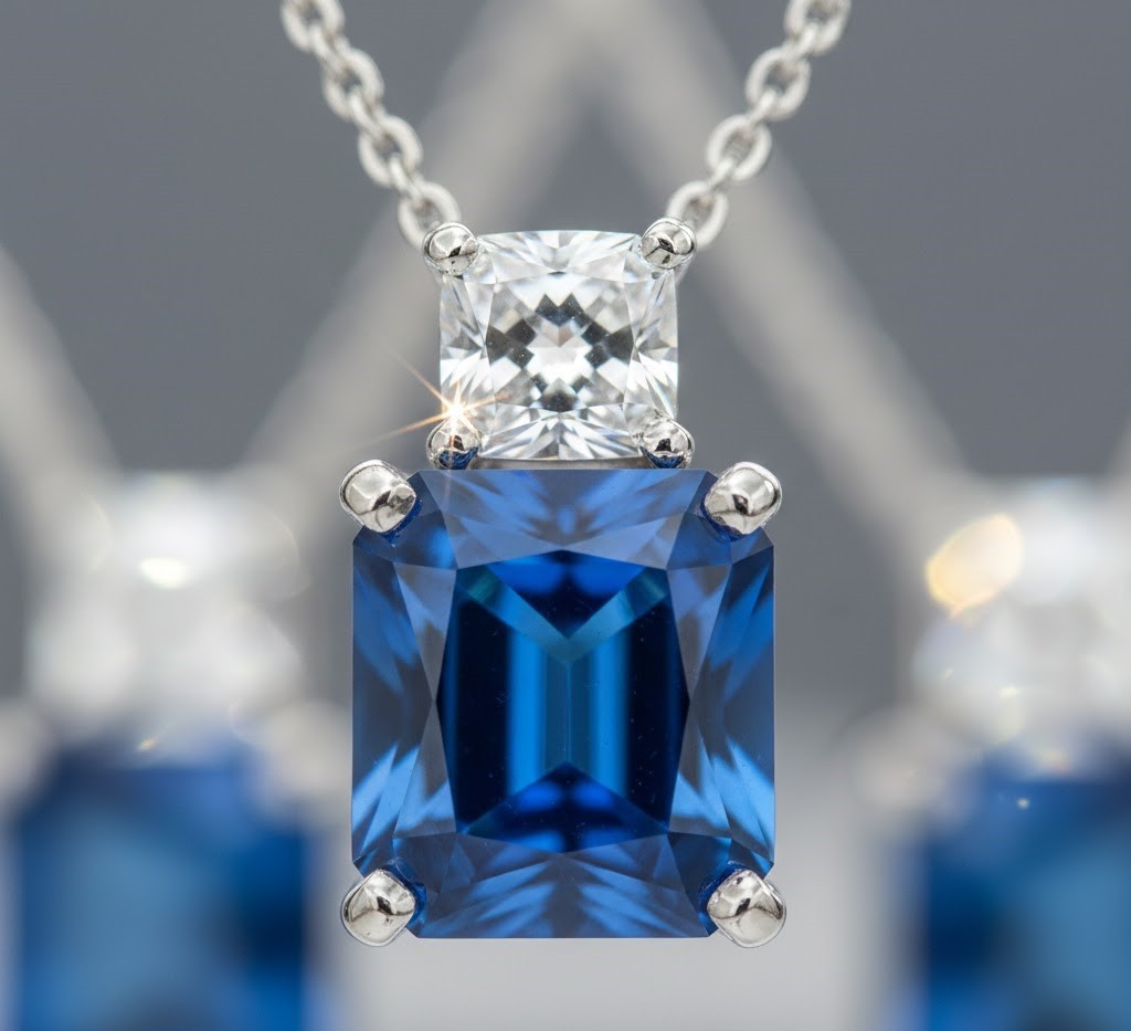 Lab Created Blue Sapphire Pendant Earring Set Everyday Wear 14k White GoldFinish
