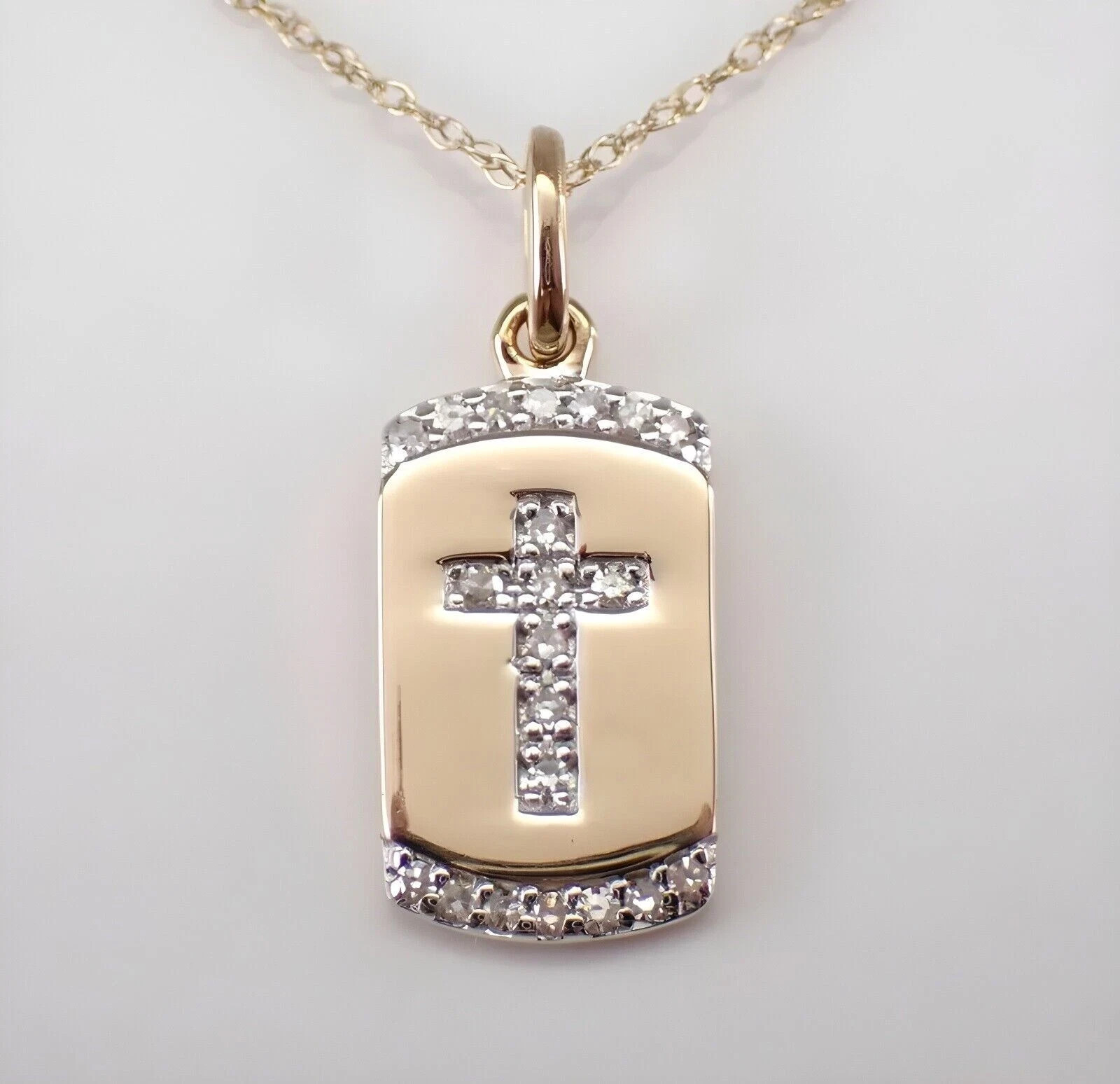 0.10Ct Round Moissanite Cross Religious Dog Tag Pendant 14K Yellow Gold Plated