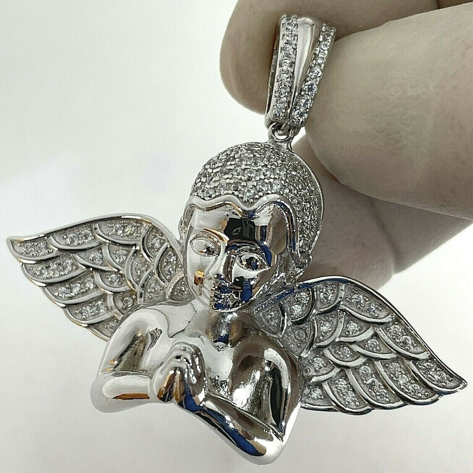 1.00Ct Lab Created Diamond Round Angel Charm Love Pendant 14K White Gold Plated