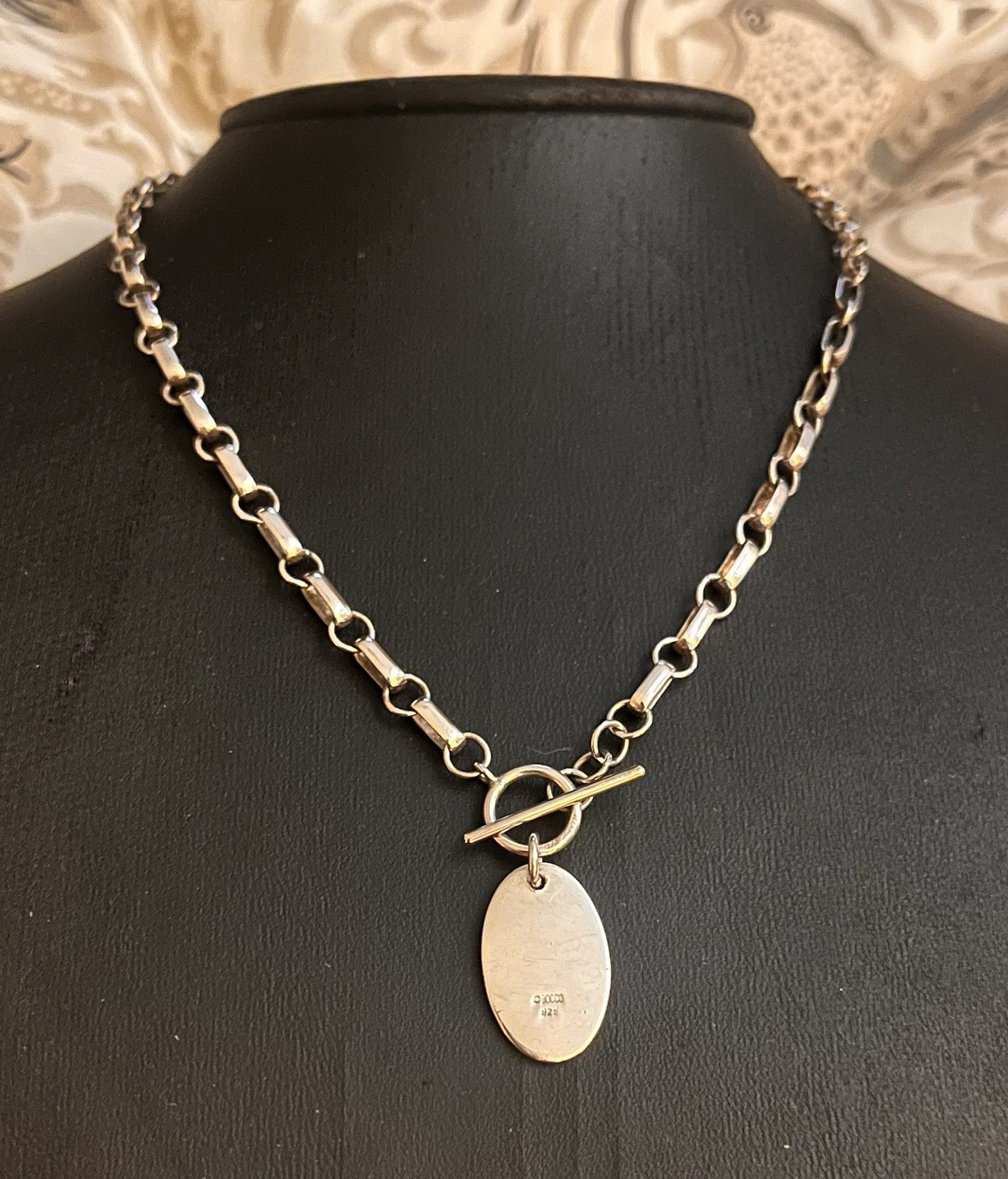 Vintage Bocco Sterling Silver Signed 925 Oval Toggle Pendant Necklace Paperclip