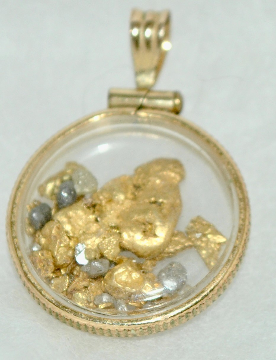 Round Gold Filled Coin Edge Pendant Filled w/22K Gold Nuggets & Natural Diamonds