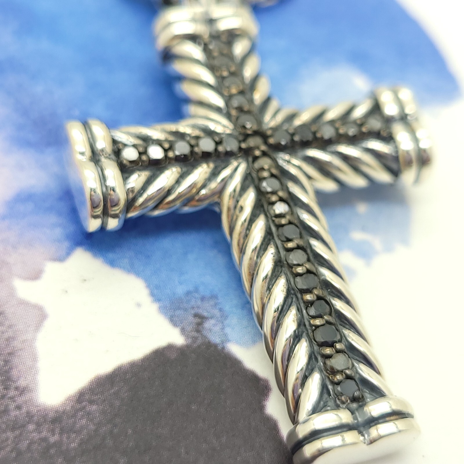 David Yurman Sterling Silver Black Diamond Large Chevron Cross with 20 in Chain