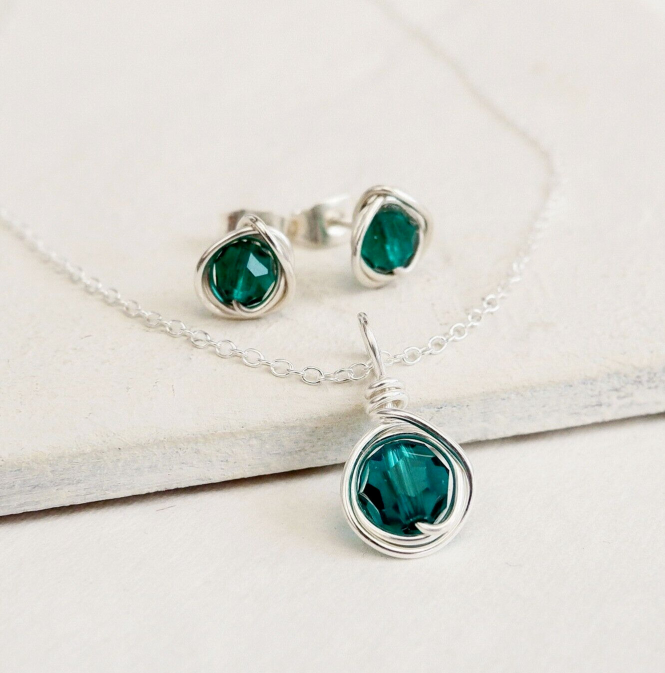 Emerald Crystal Necklace Set Sterling Silver May Birthstone Handmade Gift Box