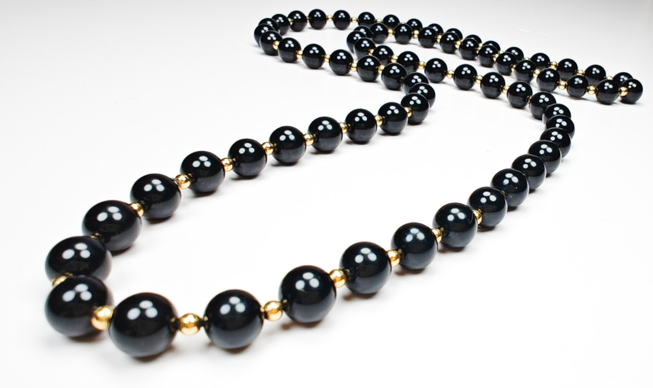 14K Yellow Gold Black Onyx Beaded Ball Necklace 29″ Long Estate 52.23g Vintage