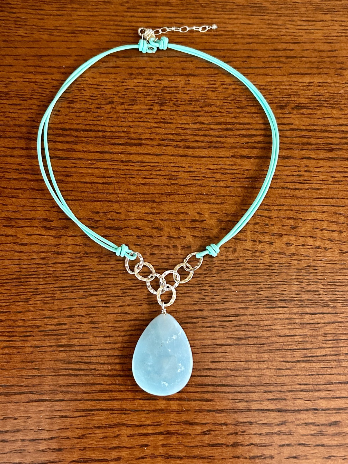 Aqua Amazonite 18″ Corded Necklace Teardrop 40mm Pendant Silver Estate New
