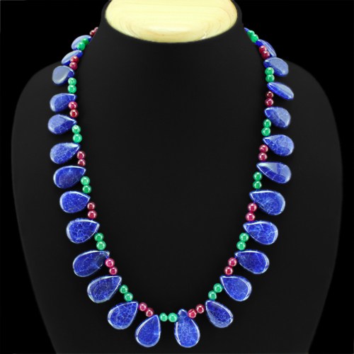 VERY ATTRACTIVE 326.00 CTS ENHANCED RUBY,EMERALD & SAPPHIRE BEADS NECKLACE (DG)
