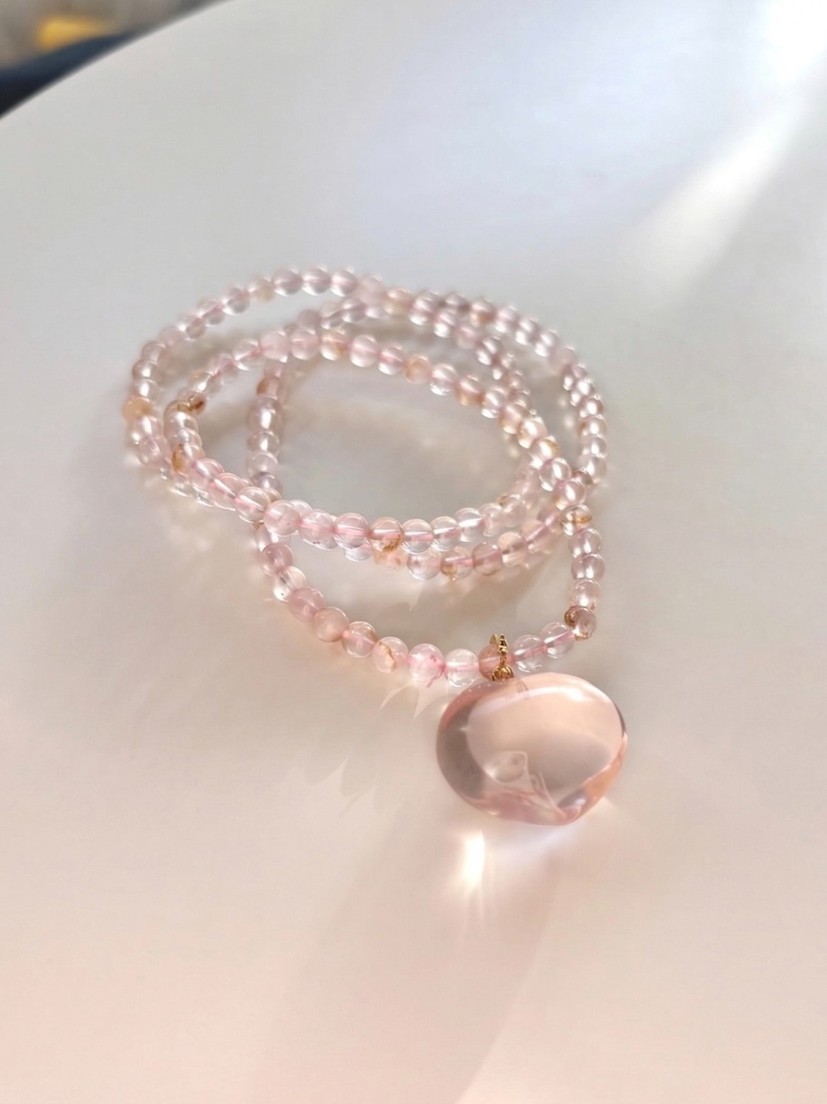 Flawless Eye-Clean Rose Quartz Heart Necklace, 925 Silver, Pink Phantom Beads