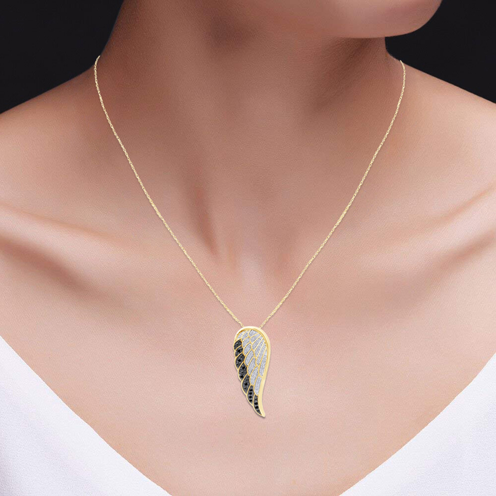 1/3ct White & Black Real Diamond Angel Wing Pendant Necklace 14K Gold, 18″ Chain