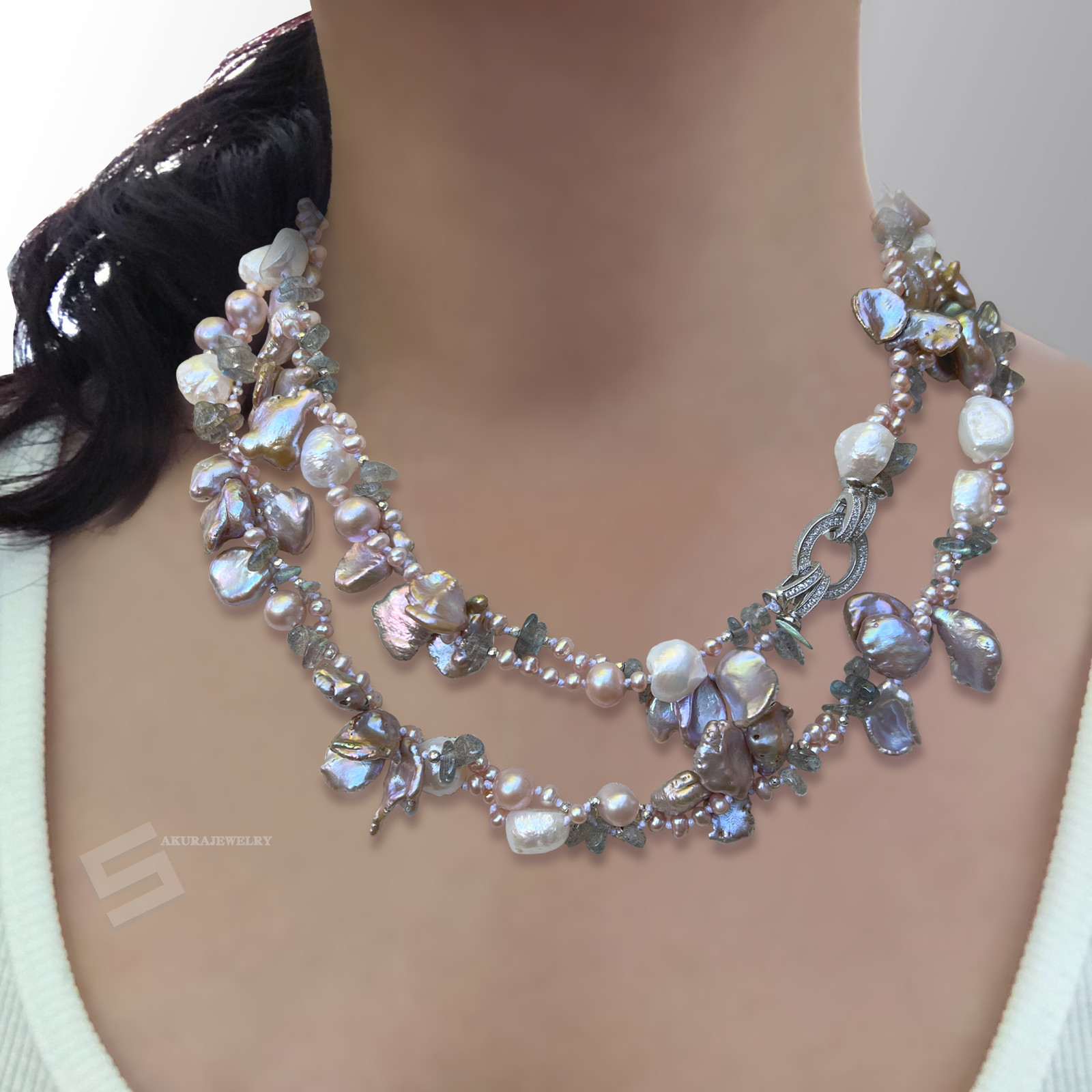 72″ Variety Pearls And Natural Gemstones Long Strand Necklace, Length adjustable