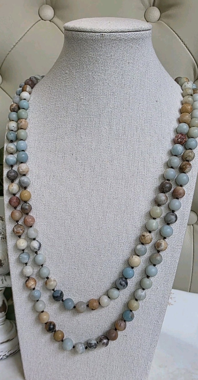 64″ Extra Long Matte Amazonite Necklace Hand Knotted Natural Gemstone Beads Gift