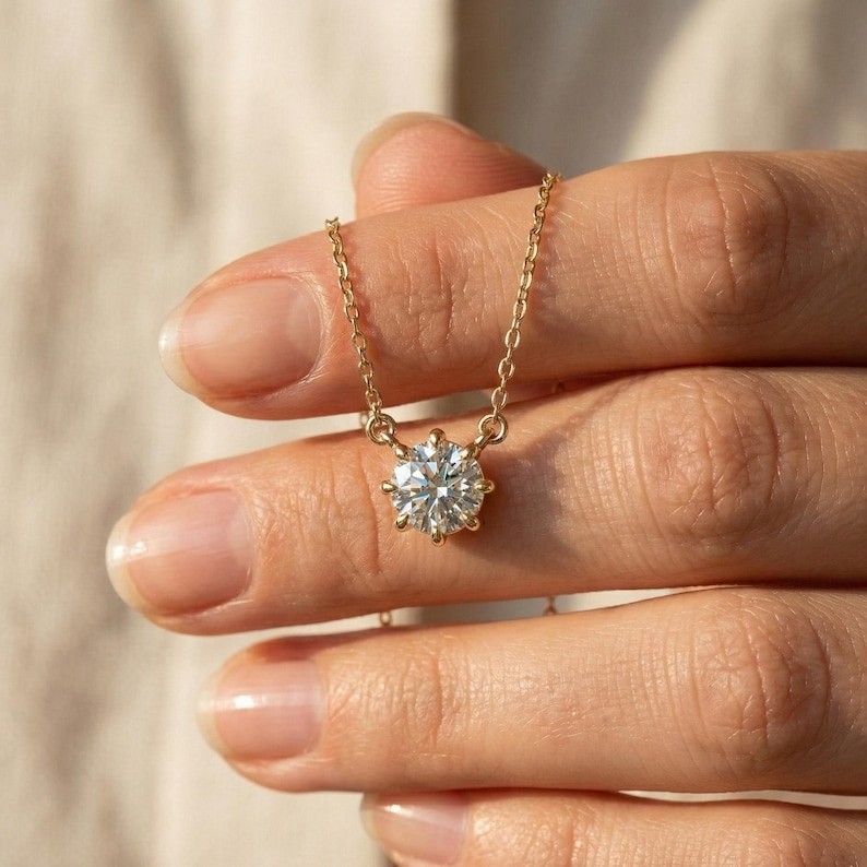 Round Brilliant Cut Moissanite Solitaire Necklace Simple Daily Wear Necklace Her