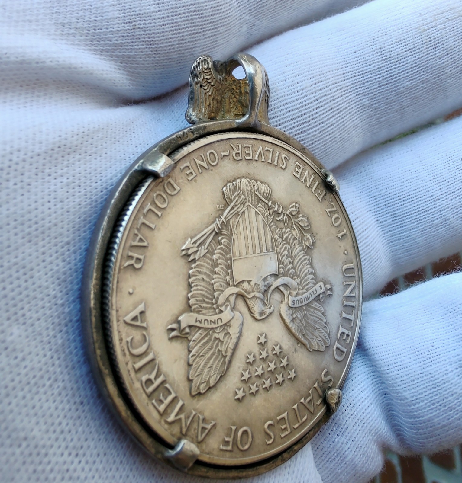 1987 American Silver Eagle 1 oz .999 Coin Pendant w/ Handmade Sterling Bezel