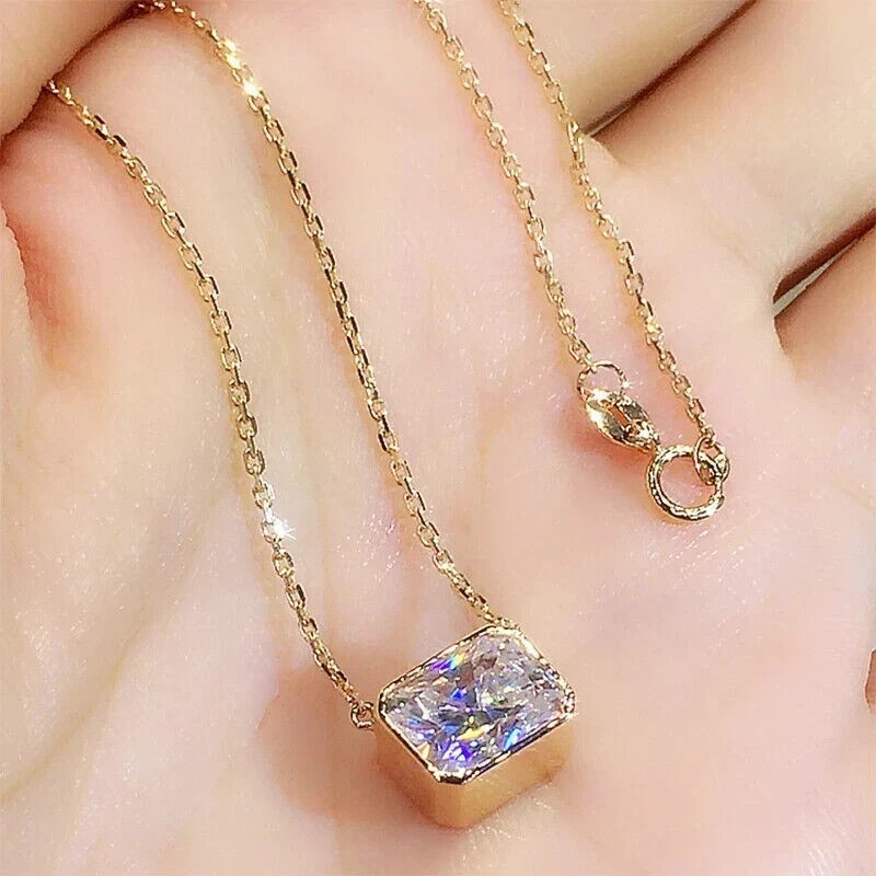 3Ct Lab Created Diamond Radiant Pendant 14K Yellow Gold Plated Free Chain