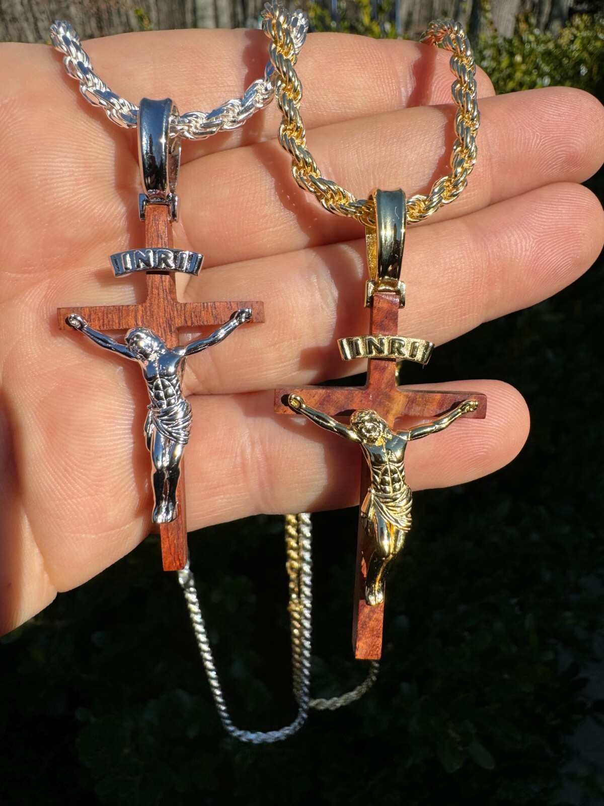 Mens Real 925 Silver & Red Cherry Walnut Wood Jesus On Cross Pendant Necklace 2″