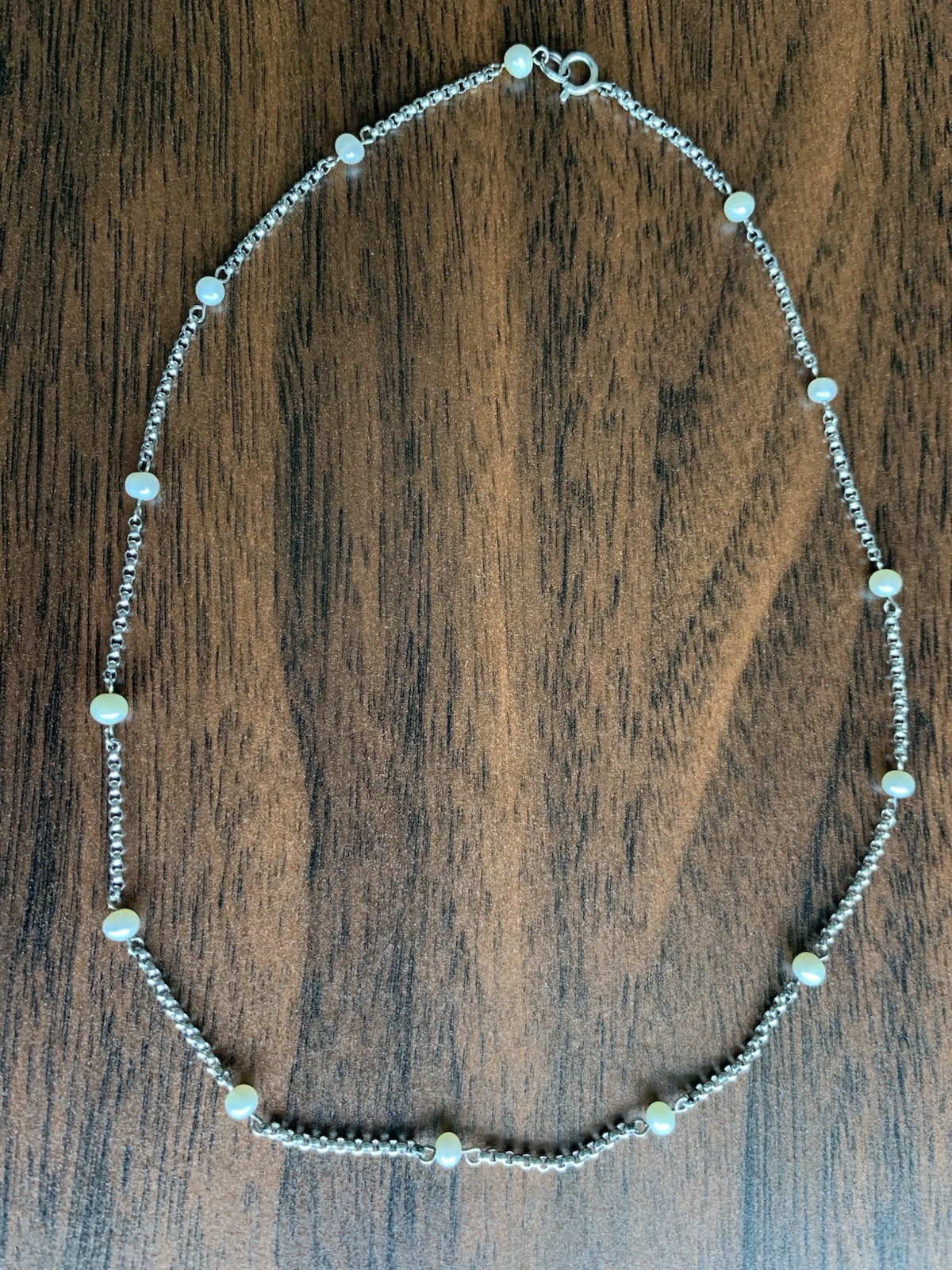 Sterling Silver Box Chain Pearl Bead Station Necklace Minimalist Dainty 16.5”