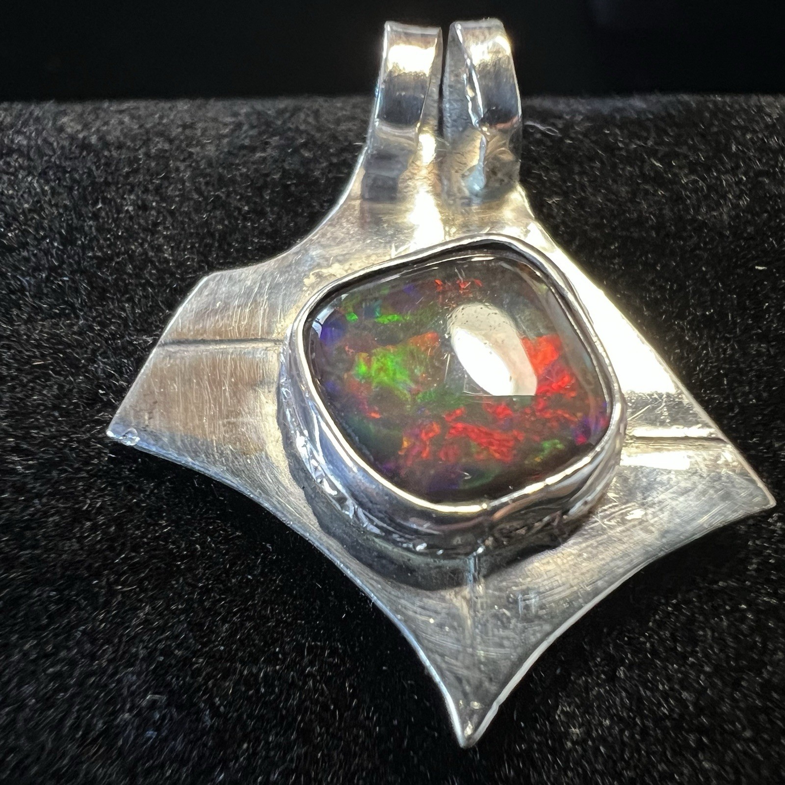 Gorgeous Australian Black Opal .Sterling Silver Pendant – Tons of FIRE + COLOR!!