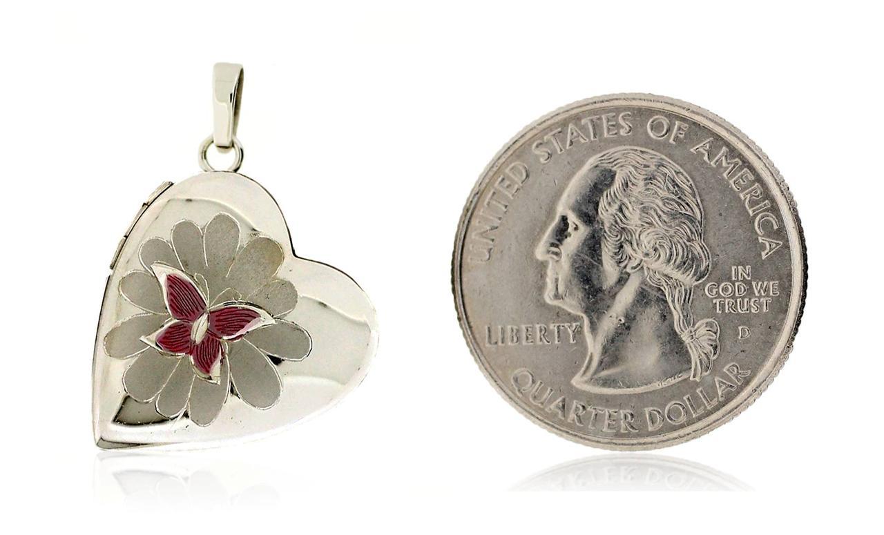 925 Sterling Silver Heart Locket Flower & Butterfly Accents 1 Inch Drop Keepsake