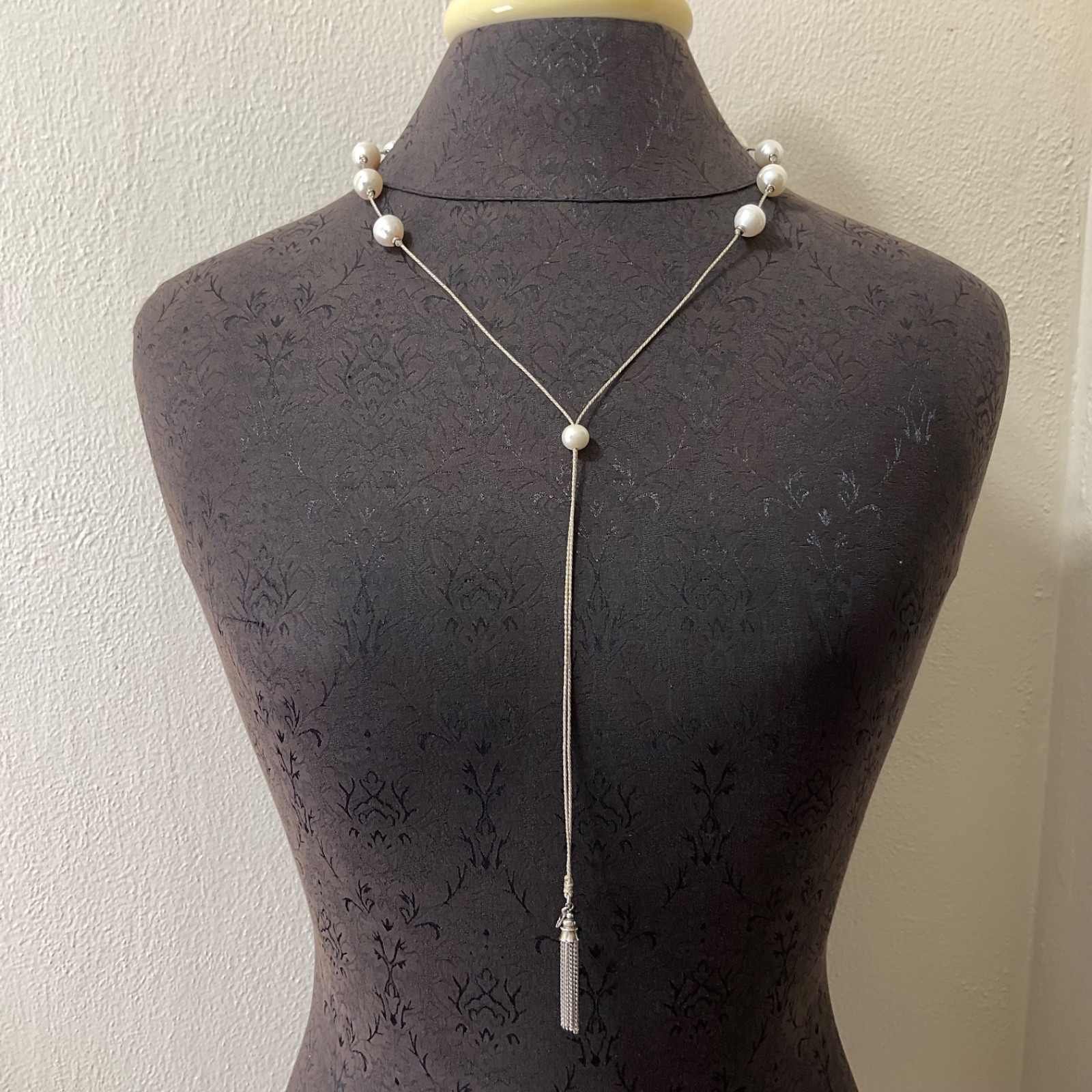 LUC Lucas Lameth Genuine Baroque Pearl Lariat Necklace Sterling Silver Tassel