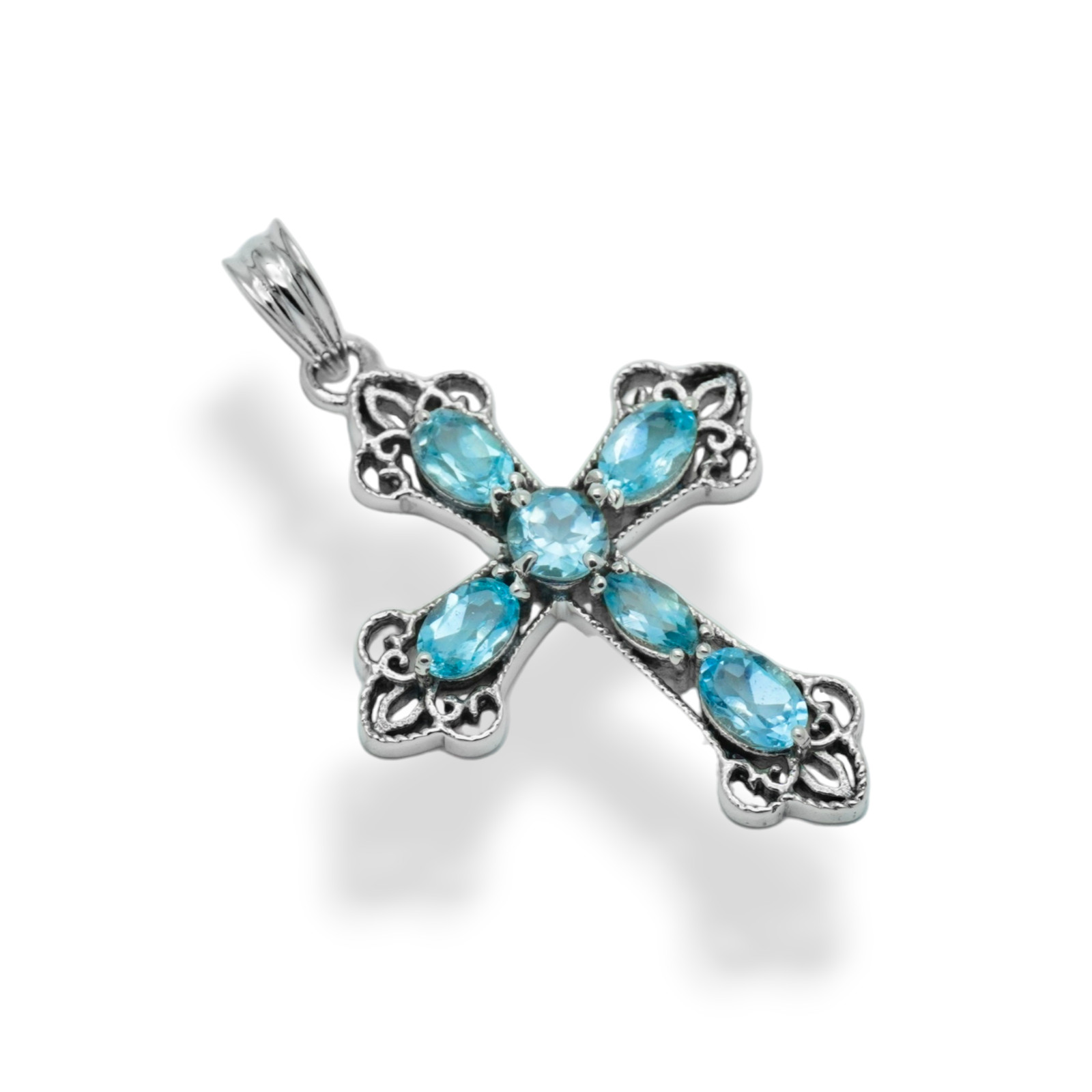 Genuine Blue Topaz Cross Pendant Sterling Silver 925 Christian Jewelry Gift