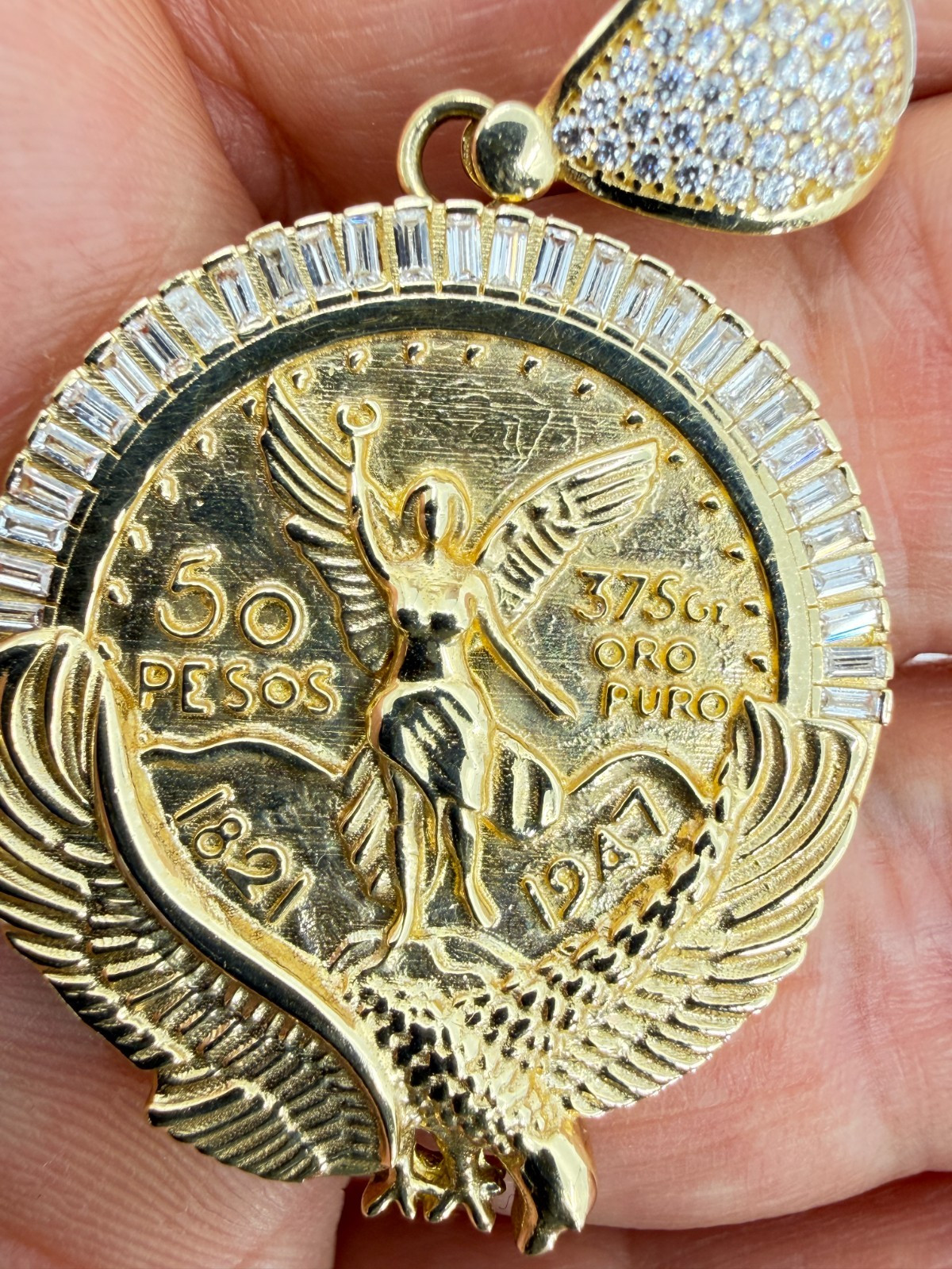 14K Solid Gold Centenario 50 Pesos Pendant Mexican Angel Eagle CZ Baguette Frame