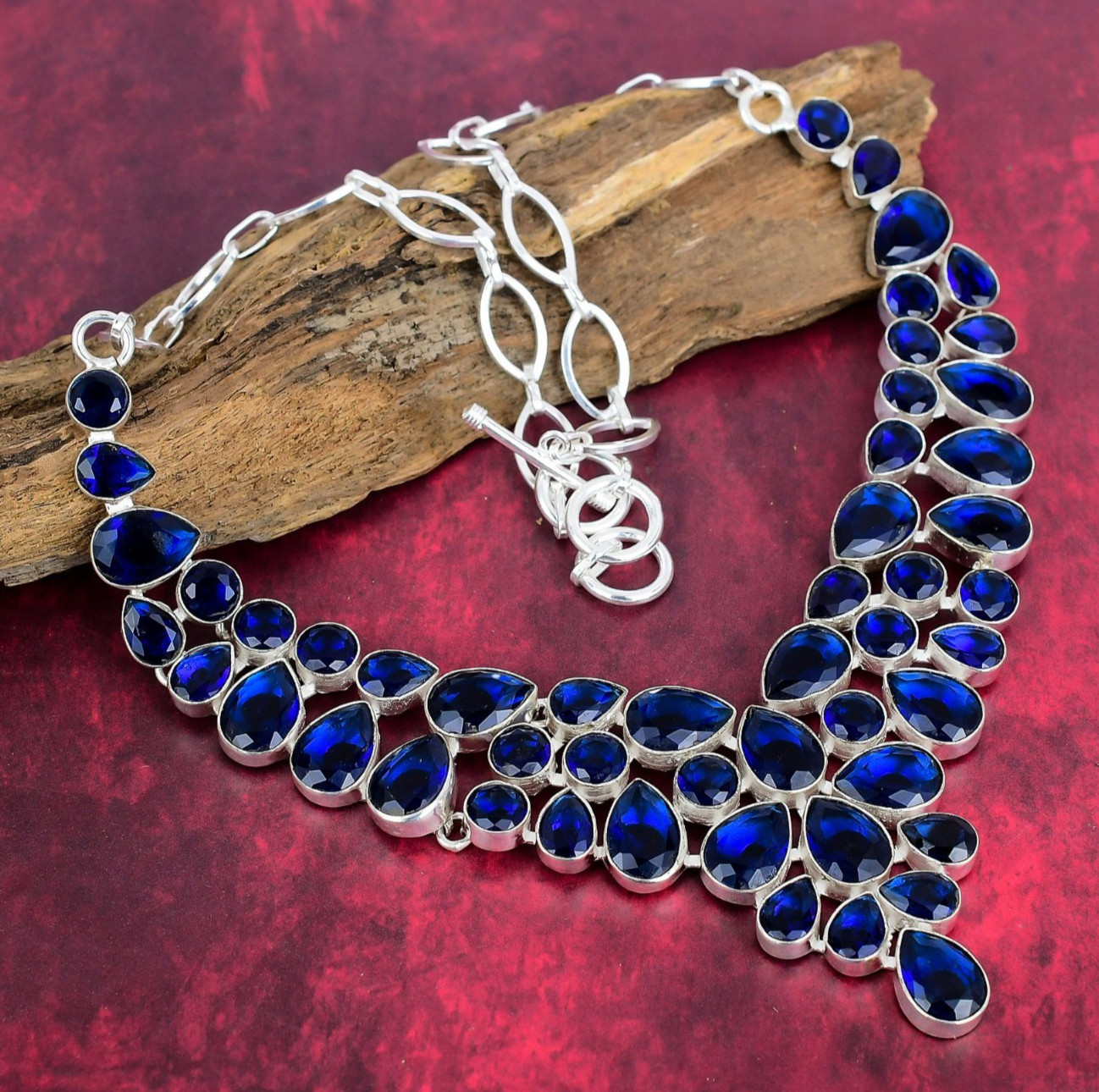 Blue Sapphire Lab-Created Handmade Gemstone 925 Sterling Silver Necklace Jewelry