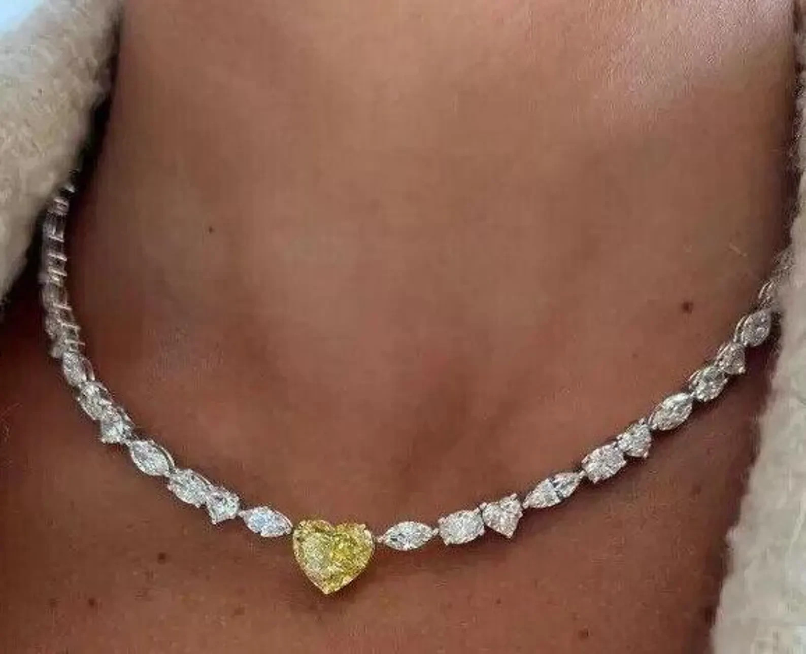 Multi-Shaped Canary Yellow & White Diamond 14K White Gold Over Tennis Necklace