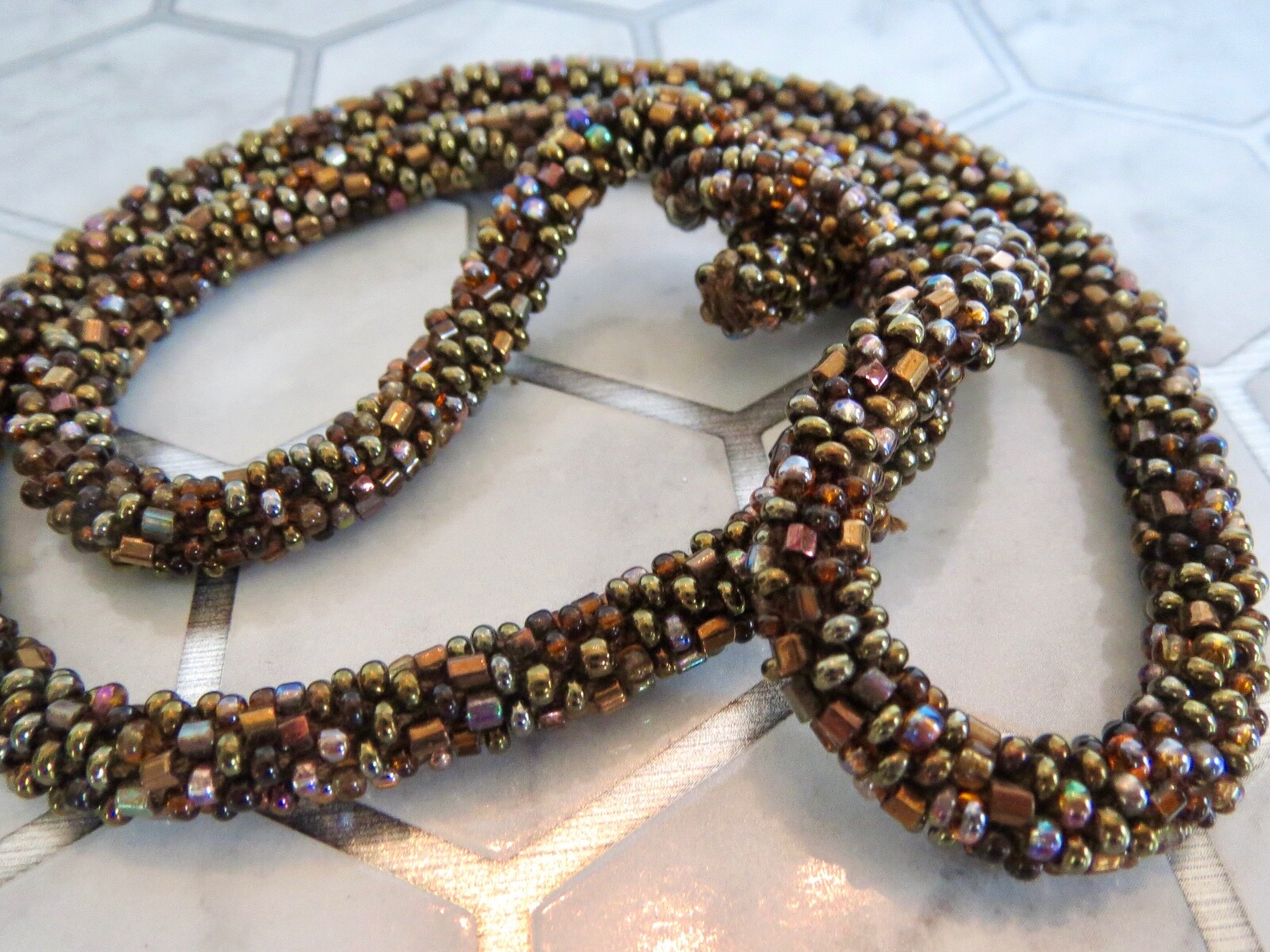No Metal Woven Seed Pearl & Seed Beads 7mm Wide Round NECKLACE 24″ Length