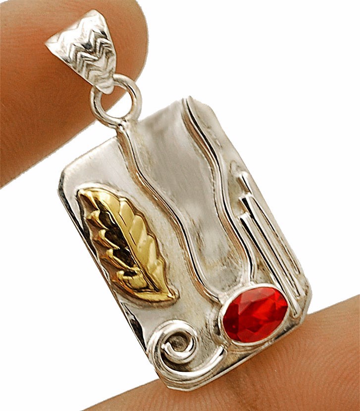 Natural Two Tone Fire Garnet 925 Solid Sterling Silver Pendant 1 1/2″ Long @B4-1