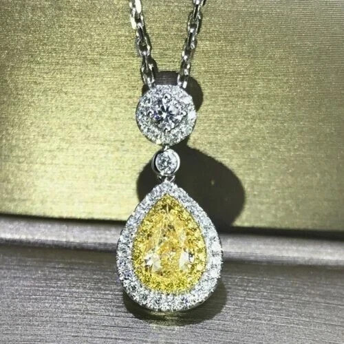 2.00Ct Pear Cut Lab Created Citrine Teardrop Halo Pendant 14K White Gold Plated
