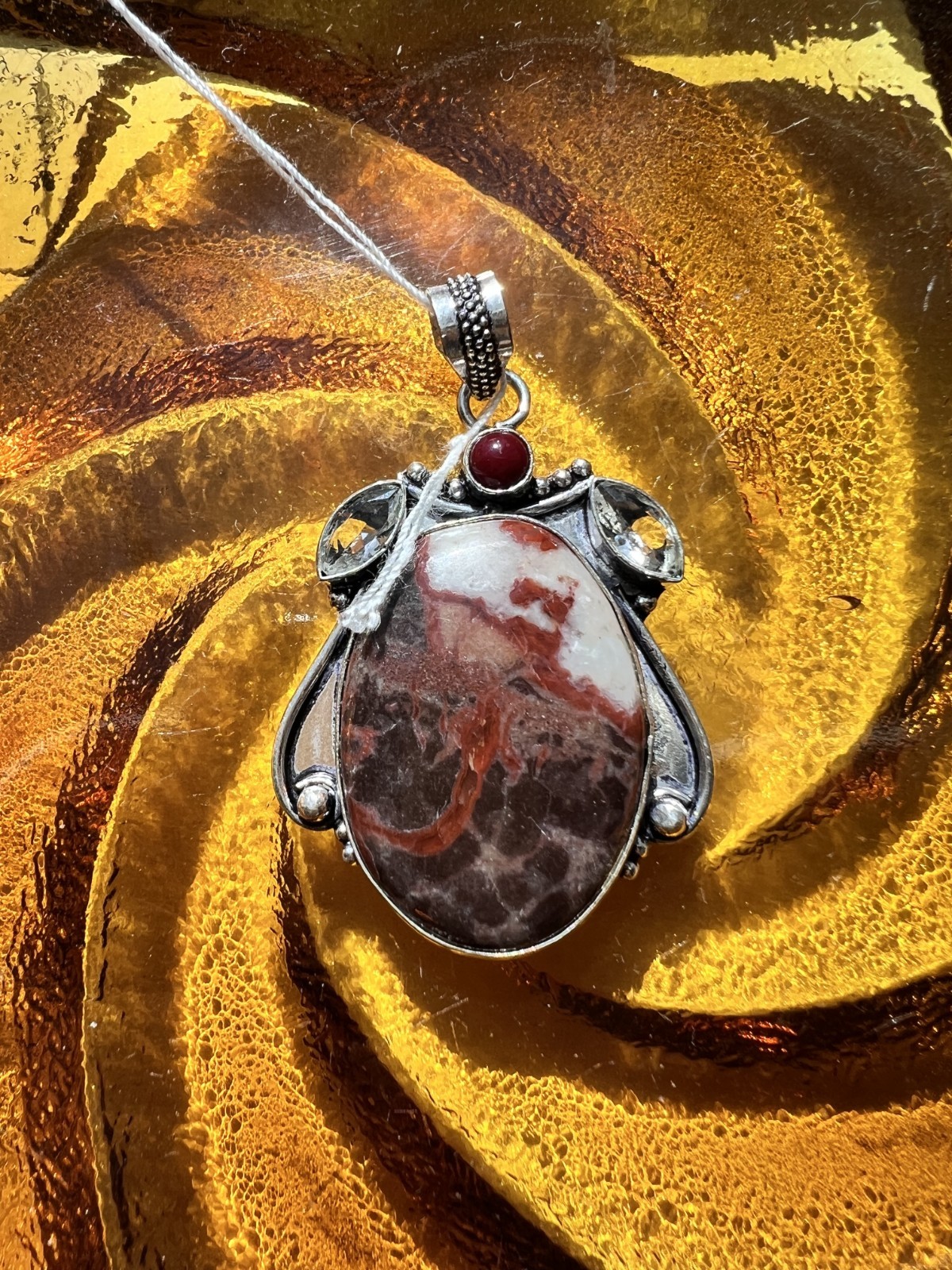 Crazy Lace Agate With Red Stone Accents In 925 Sterling Silver Pendant Jewelry