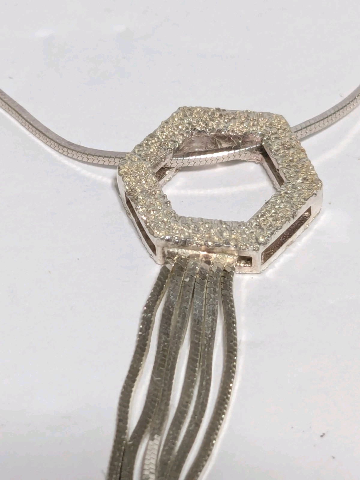 Milor Italy Sterling Silver 925 Hexagon Pendant Necklace With Chain Tassels 15″