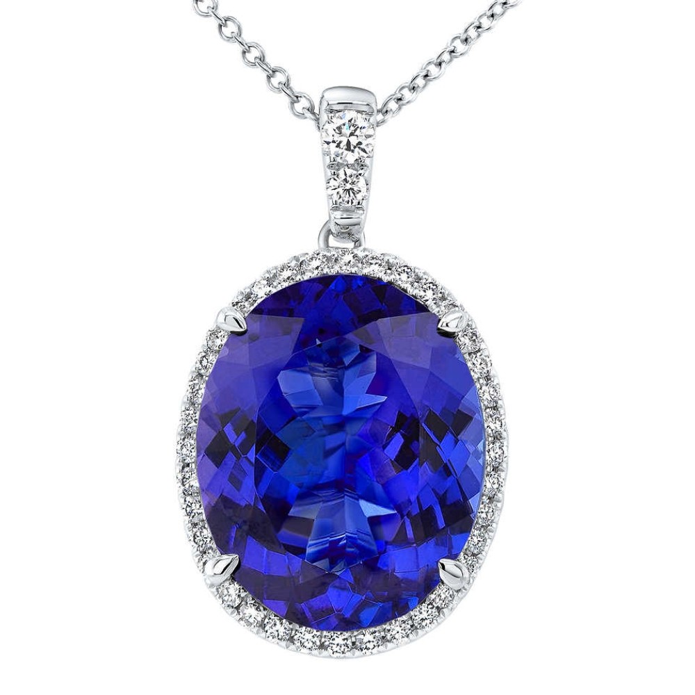 5 Ct TW Oval Tanzanite & Lab Grown Diamond Halo Pendant 14k White Gold Necklace